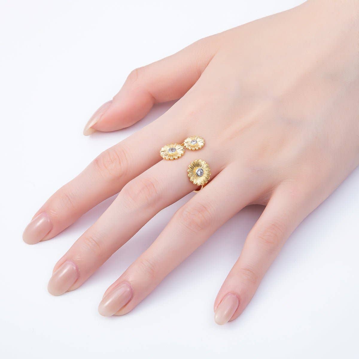 24K Gold Filled Clear CZ Triple Sunflower Mixed Metal Wrap Ring | Rings-00108