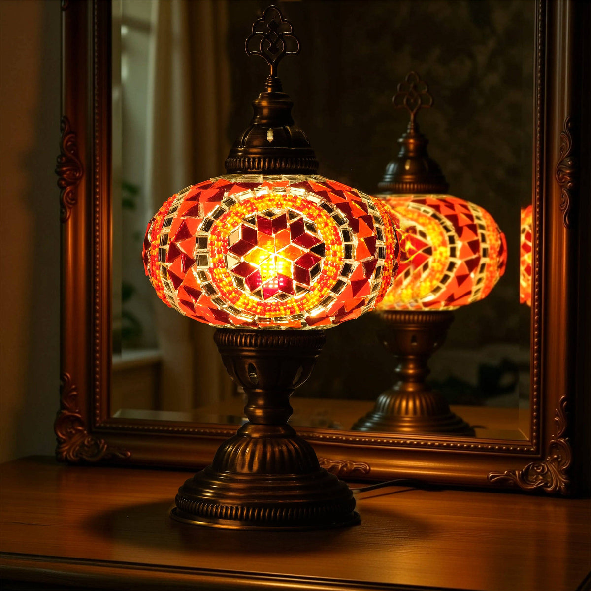 Decorative Table Lamp, Red Orange Turkish Mosaic