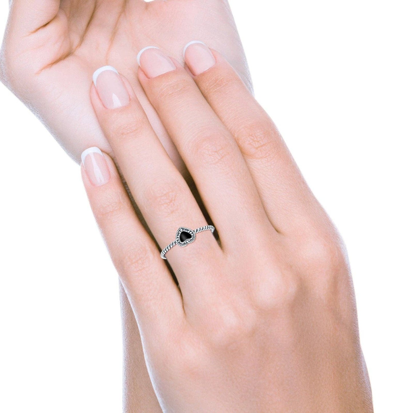 Petite Dainty Heart Promise Ring Band Black Onyx Oxidized Braided