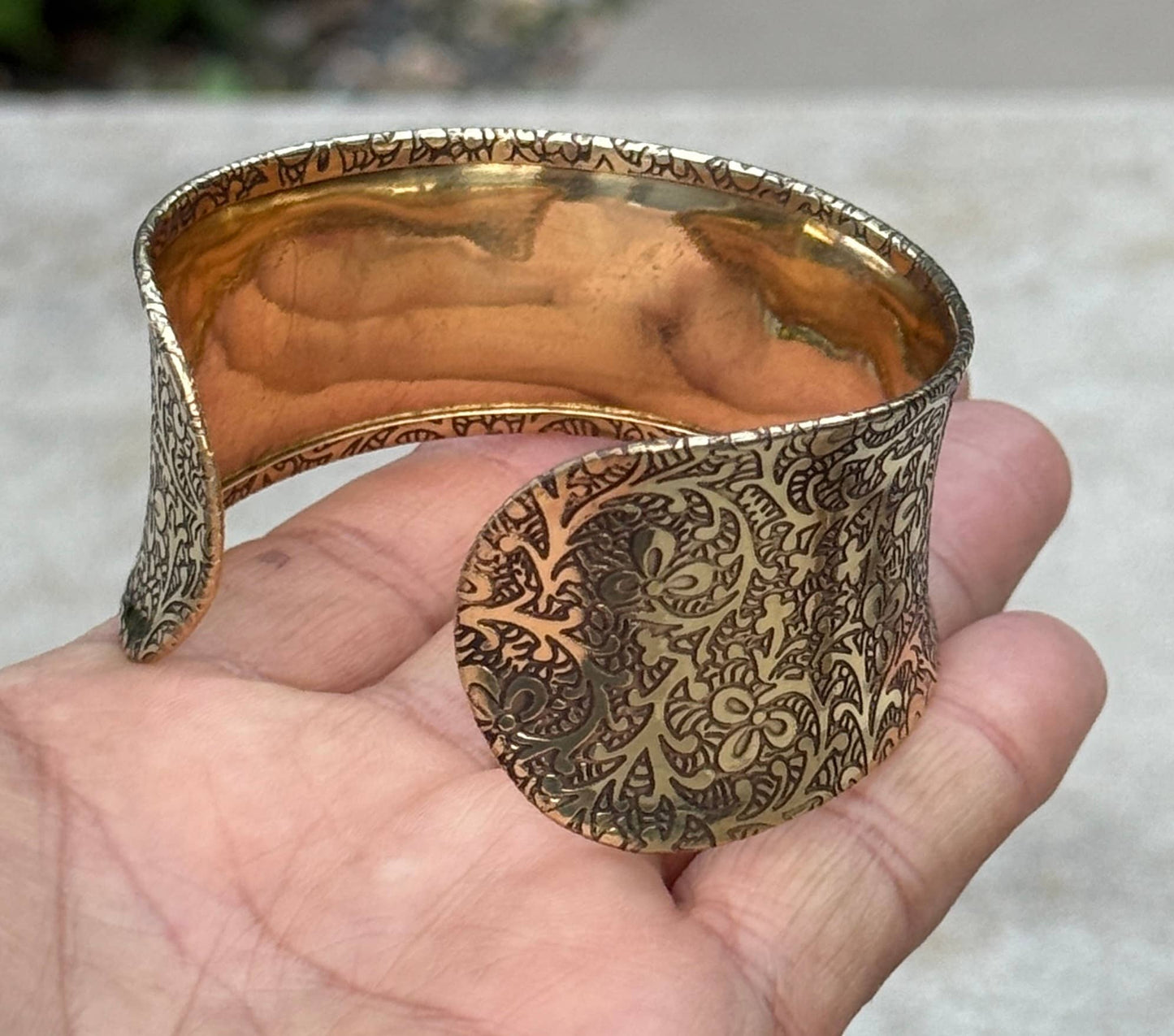 Handcrafted Engraved Floral Cuff Bracelet Bohemian Hippie
