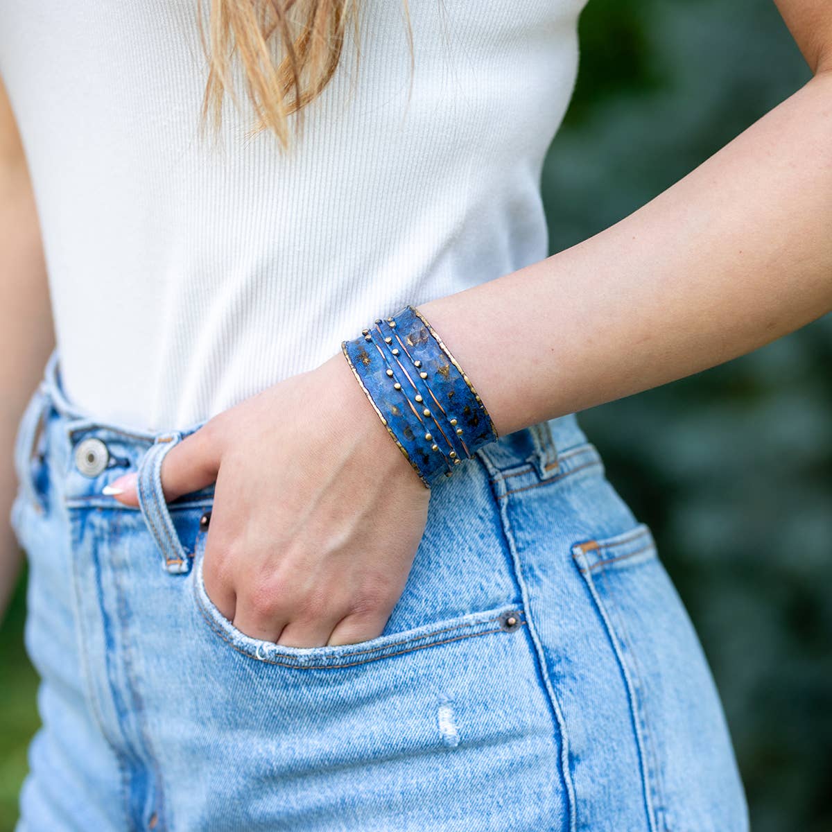 Brass Patina Cuff Bracelet - Dark Blue River
