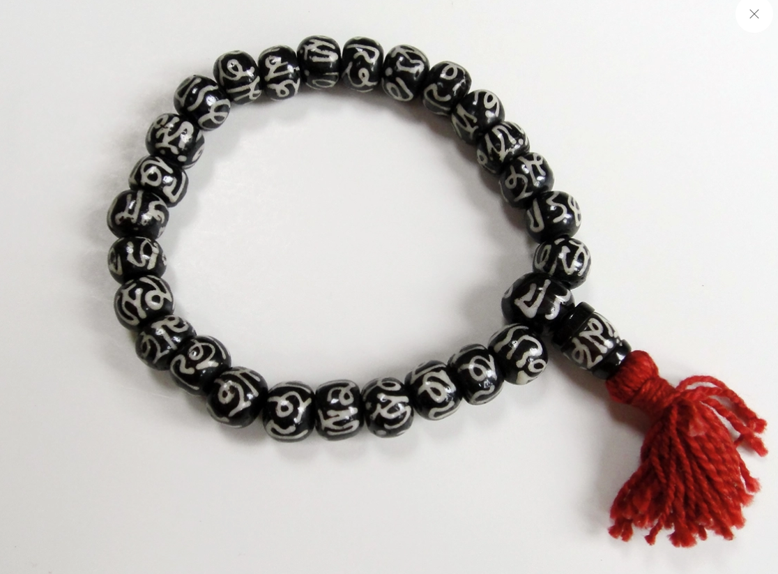 Carved Bone Mala Bracelet, Batik Bone Om