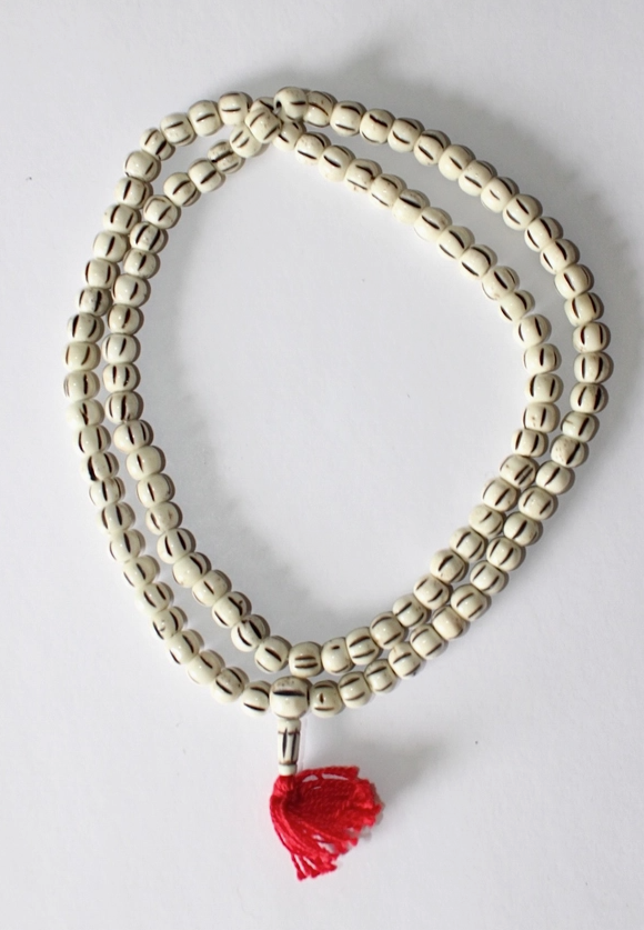 Carved Bone Mala Necklace, Light Striped