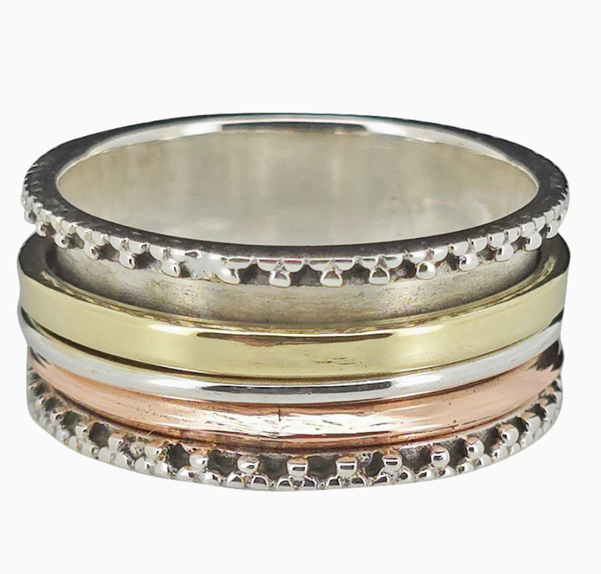 Fidget Ring, Silver with Brass and Copper Spinners