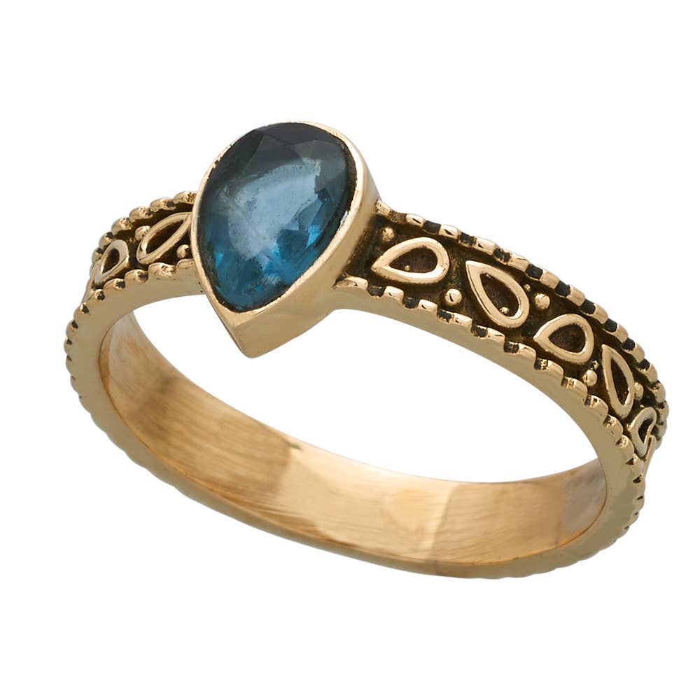 Teardrop Apatite Carved Brass Ring