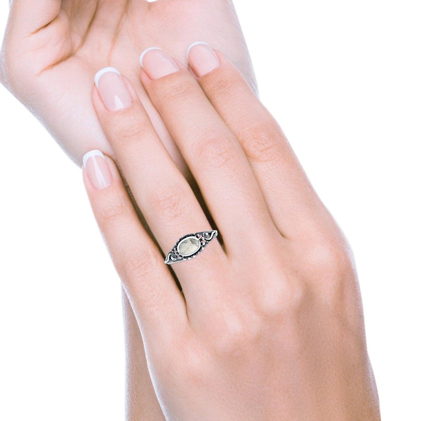 Oval White Buffalo Turquoise Beaded Ring Oxidized