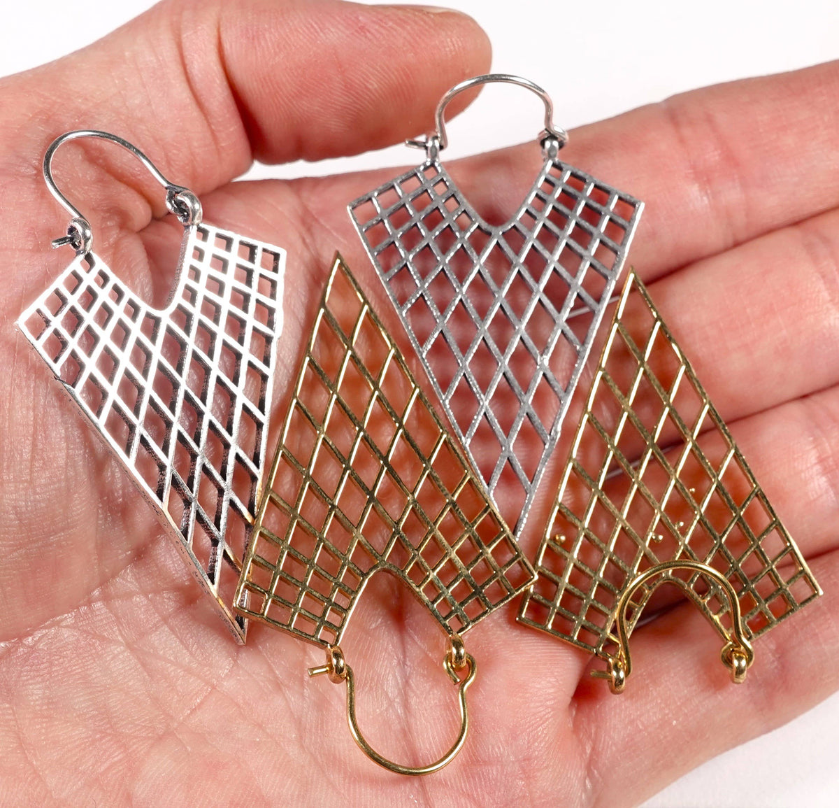 Triangular Mesh Earrings of Golden and Silver Color