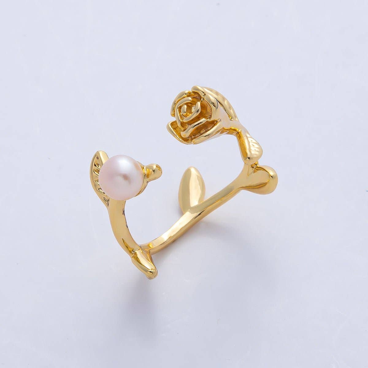 18K Gold Filled White, Pink Shell Pearl Rose Flower Leaf Wrap Ring | O799