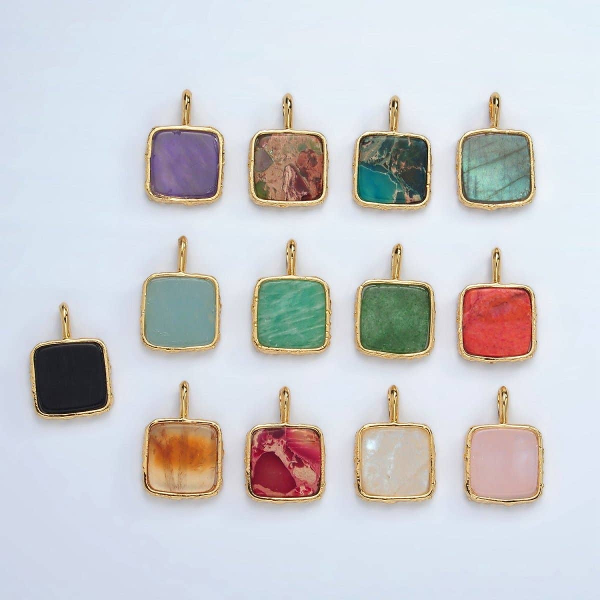 24K Gold Filled 18mm Square Natural Gemstone Foil Pendant | AA1358-AA1364