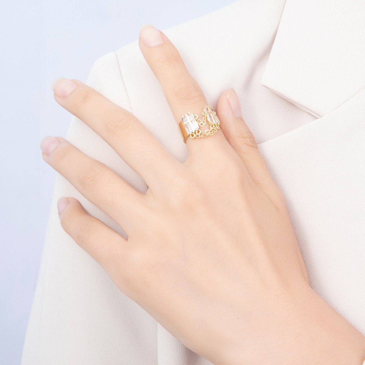 16K Gold Filled Clear Baguette CZ Open Front Double Cross Ring | Rings-00406