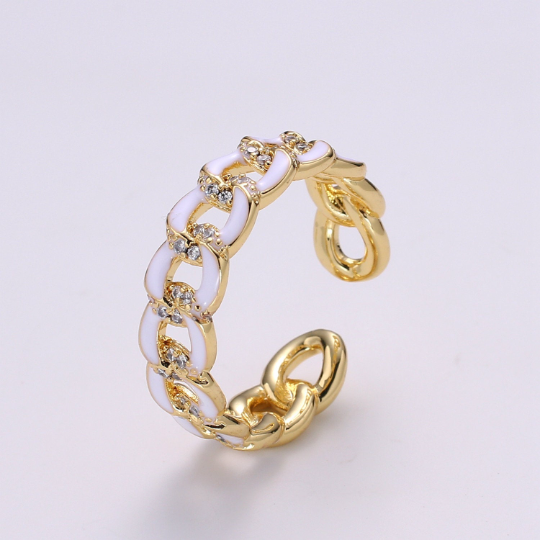 1X CZ Colorful Enamel Rings Gold Curb Chain Statement Ring, Chunky Chain Ring, Stackable Open Adjustable Ring Pink White black Green Yellow