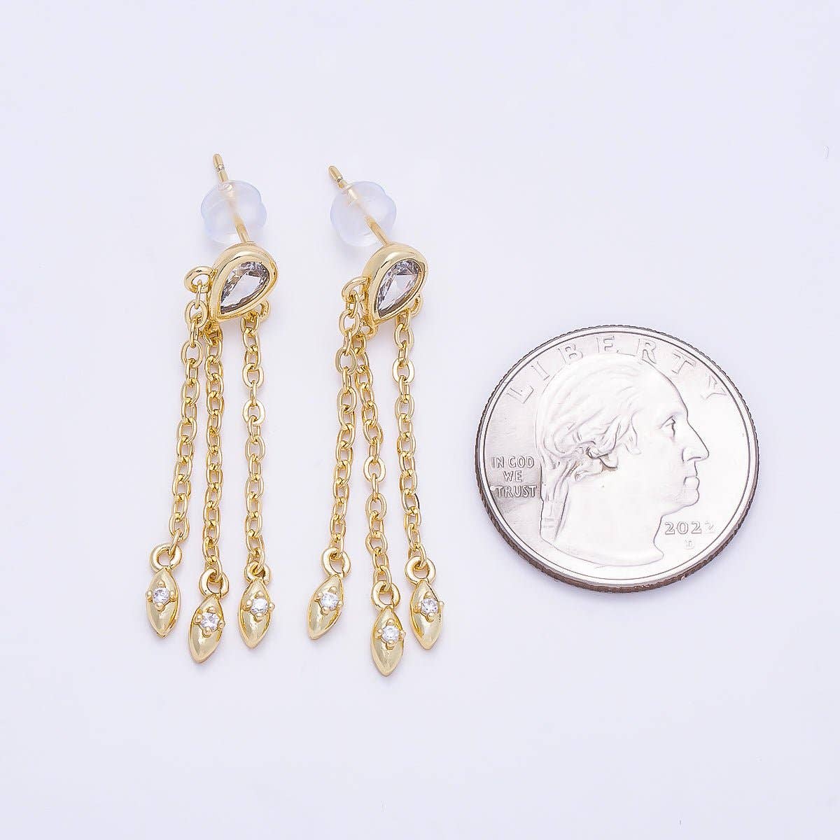 16K Gold Filled 40mm Clear, Green CZ Teardrop Triple Chain Drop Stud | Earrings-00690 - Earrings-00691