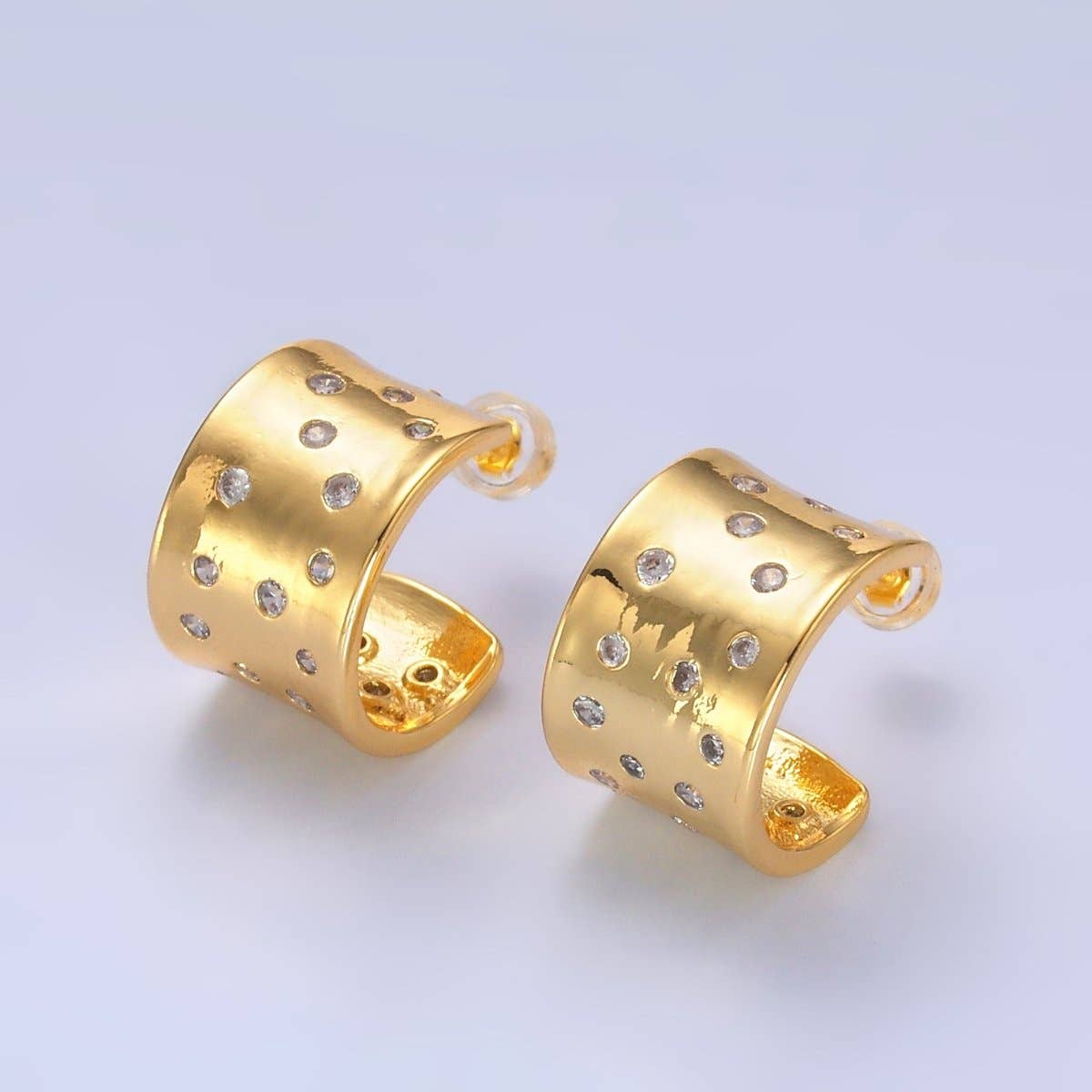 24K Gold Filled Clear CZ Dotted Wide C-Shaped Hoop Earrings | AD547