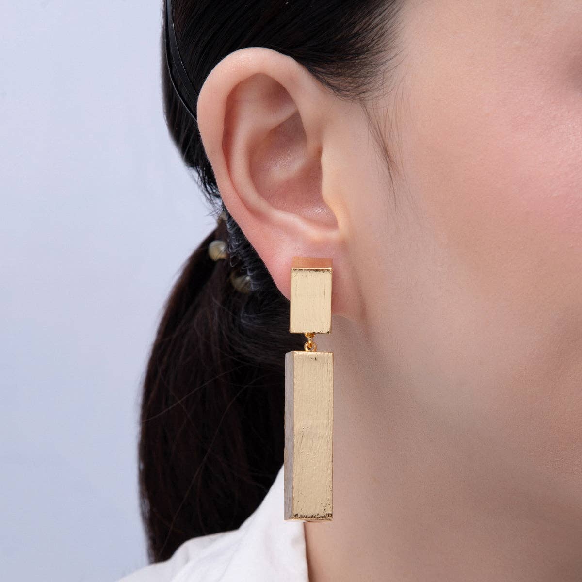 18K Gold Filled 64mm Textured Tube Geometric Drop Stud Earrings | AE314
