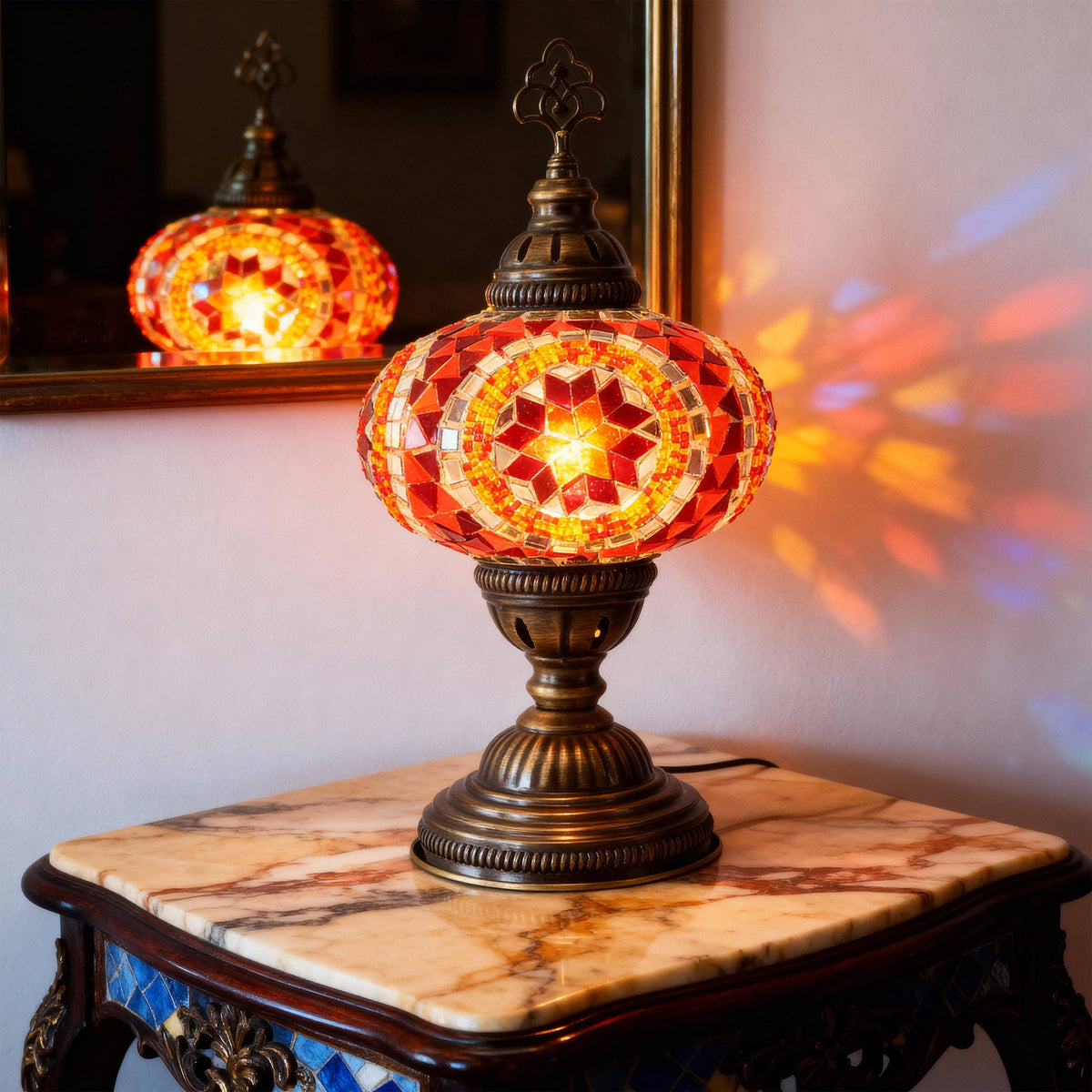 Decorative Table Lamp, Red Orange Turkish Mosaic