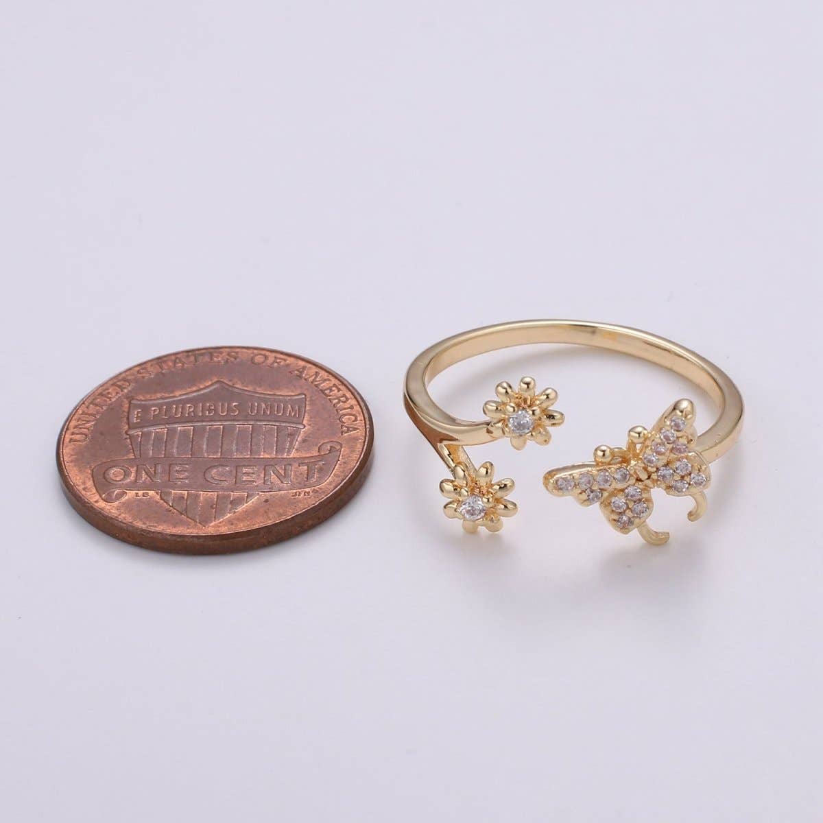 Dainty Elegant Butterfly and Flower 18K Gold Filled Adjustable Ring - R-271