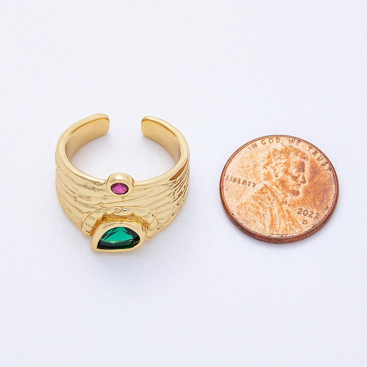 16K Gold Filled Green Fuchsia CZ Textured Wide Band Ring | Rings-00028