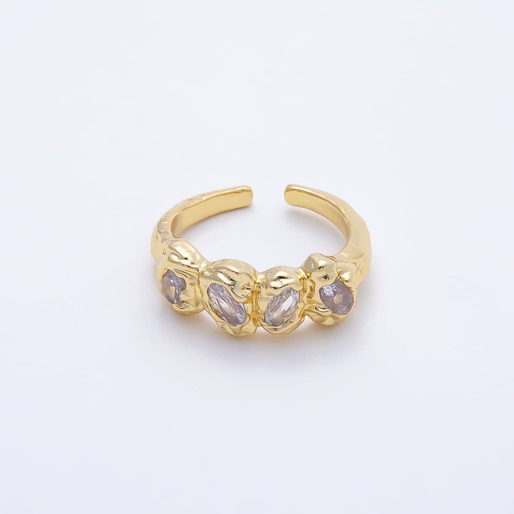 16K Gold Filled Clear Oval CZ Irregular Organic Molten Open Adjustable Ring | Rings-00414