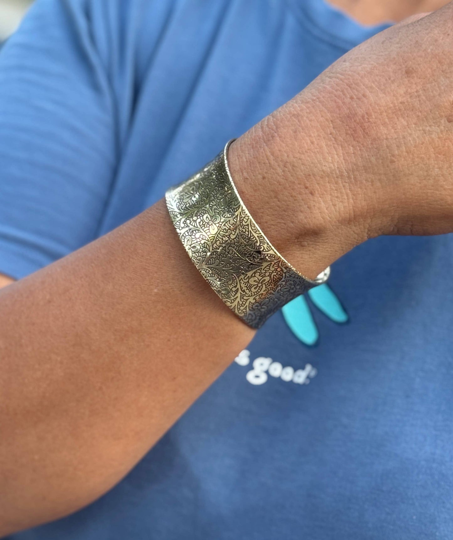 Handcrafted Engraved Floral Cuff Bracelet Bohemian Hippie