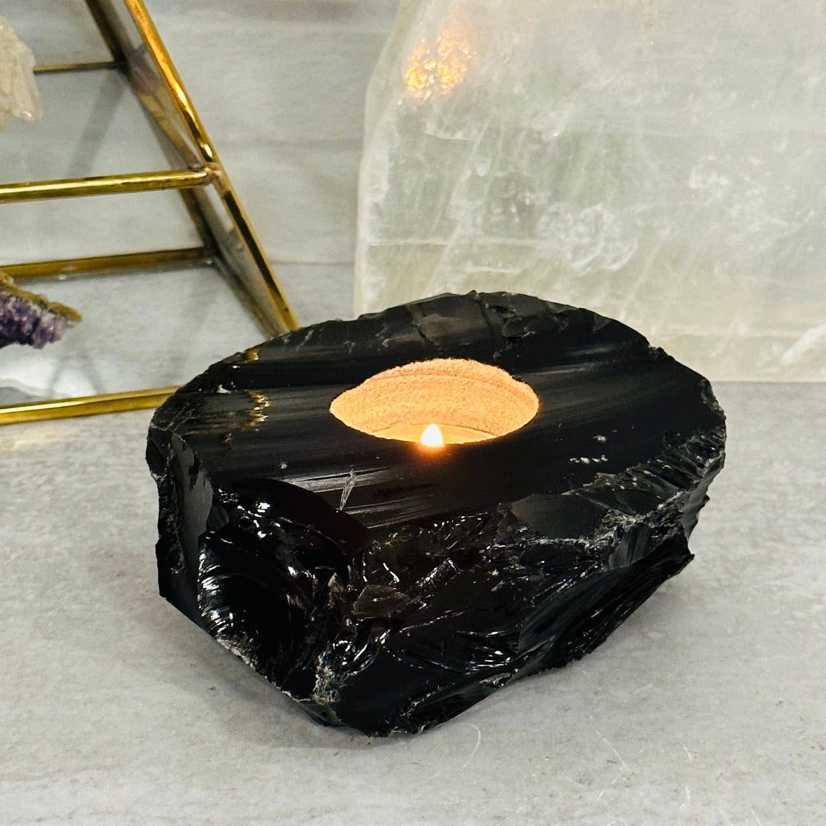 Crystal Obsidian Votive Tea Light Candle Holder