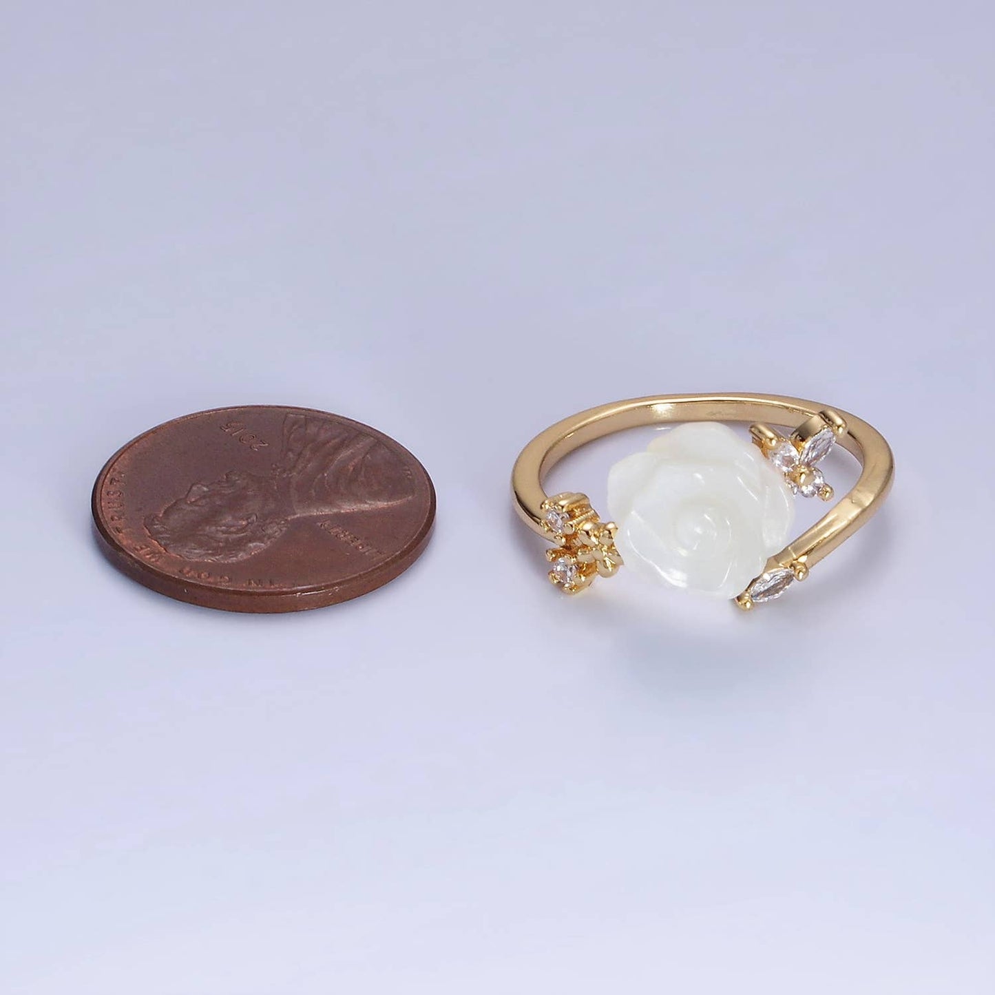 14K Gold Filled Rose Flower Pearl Marquise CZ Leaf Ring