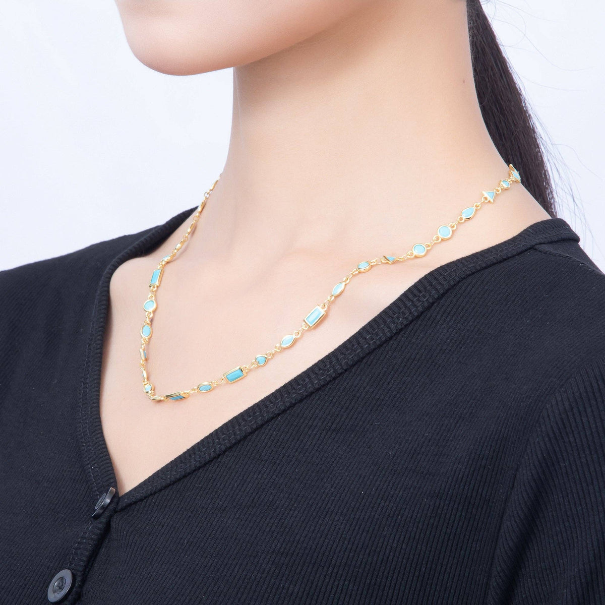 18K Gold Filled 6mm Blue Turquoise Multi Cut Bezel Gemstone Chain 18.5 Inch Necklace | WA-00283