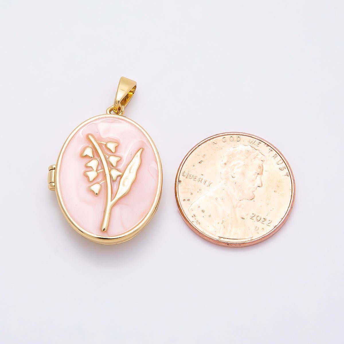16K Gold Filled 24mm Pink, White Glitter Enamel Flower Oval Locket Pendant | Charms-01031 Charms-01032