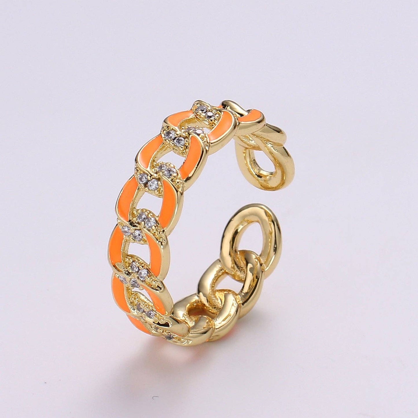 1X CZ Colorful Enamel Rings Gold Curb Chain Statement Ring, Chunky Chain Ring, Stackable Open Adjustable Ring Pink White black Green Yellow