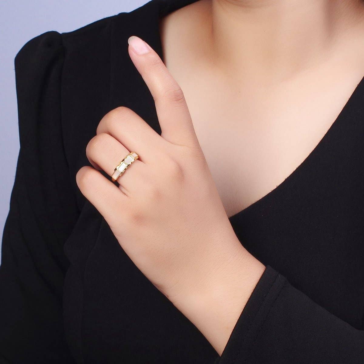 24K Gold Filled Shell Baguette Bar Stacking Adjustable Ring | S-369