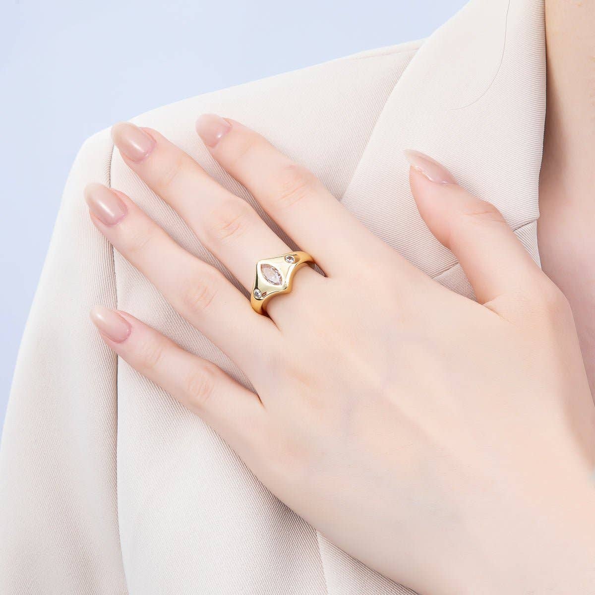 16K Gold Filled Clear Marquise CZ Dotted Chevron Signet Adjustable Ring | Rings-00122