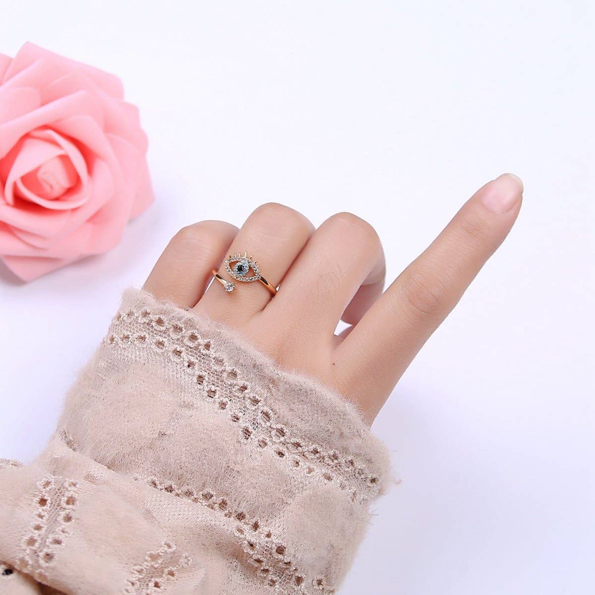 Gold Filled Eye Ring, Evil Eye, CZ Eye Ring Good Luck Open Adjustable Ring