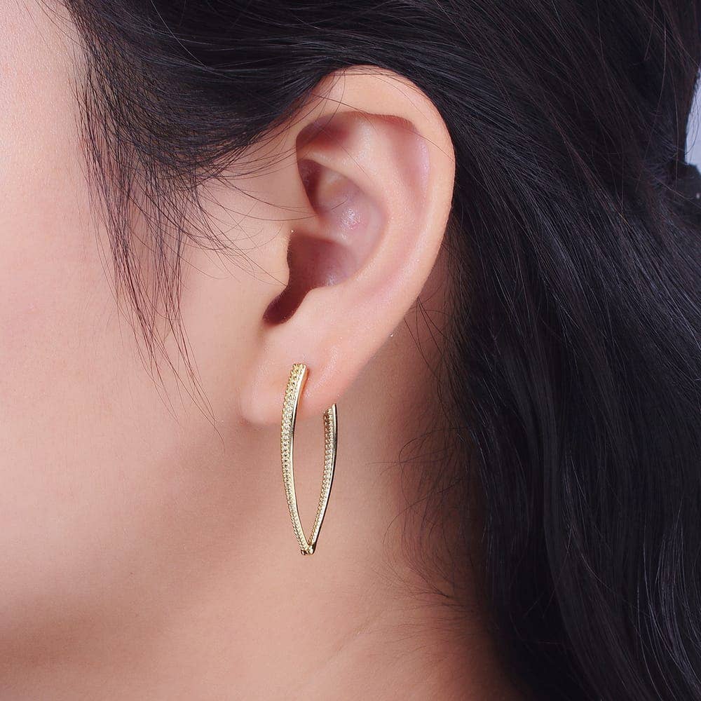 14K Gold Filled Sharp Oval Dotted Inside Out Sided Textured Earrings | V-029