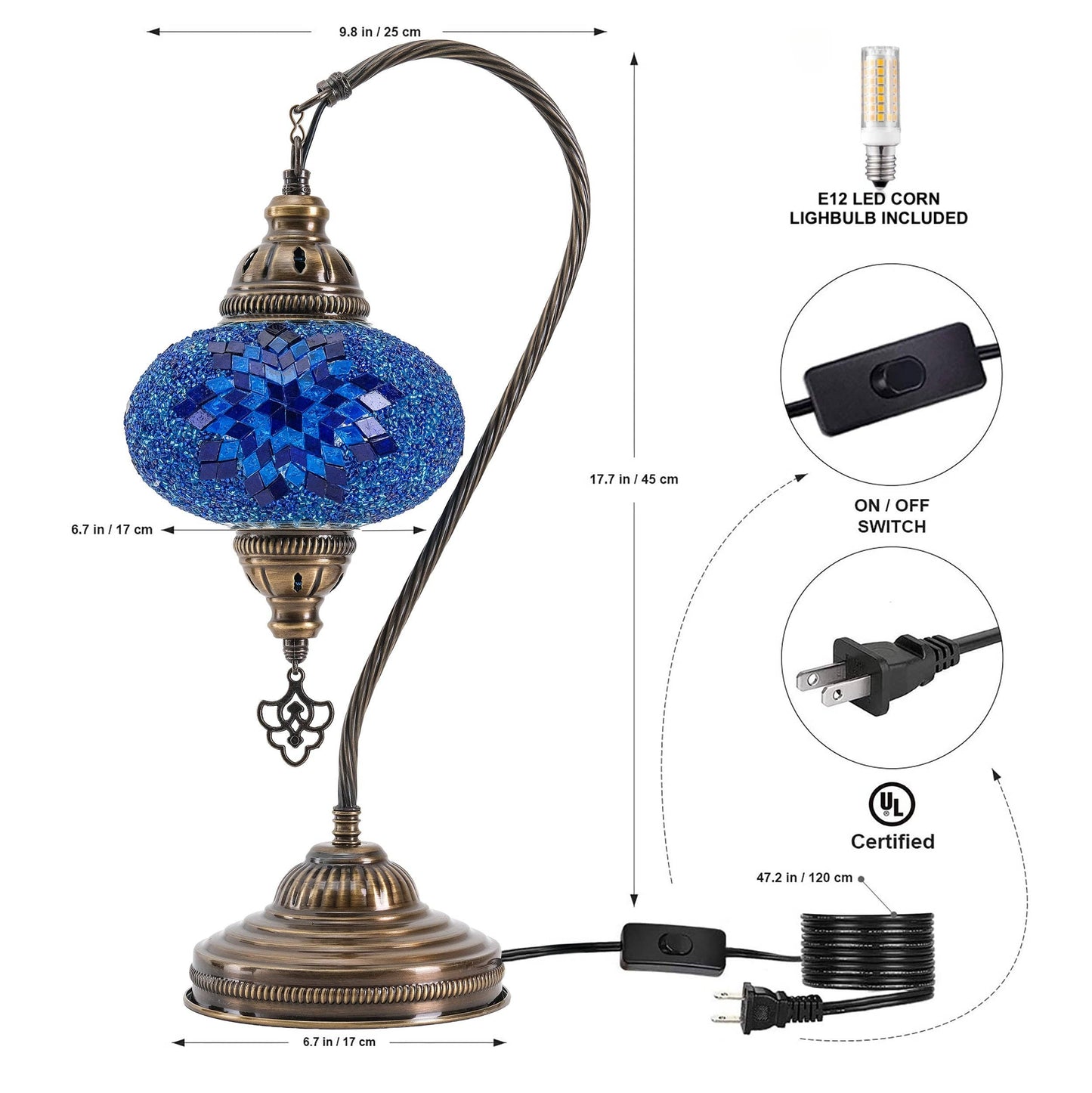Handmade Turkish Mosaic Swan Table Lamp Blue