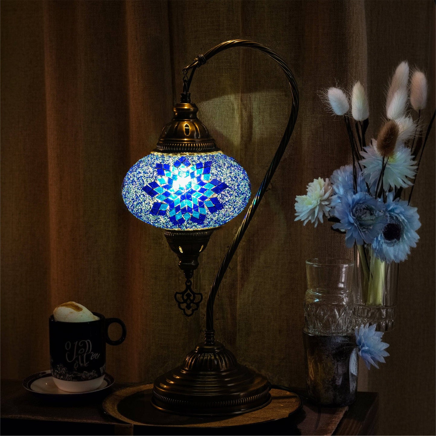 Handmade Turkish Mosaic Swan Table Lamp Blue