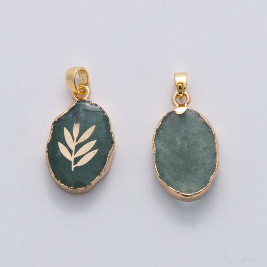 18K Gold Filled Leaf Green Aventurine Oblong Pendant | AH697