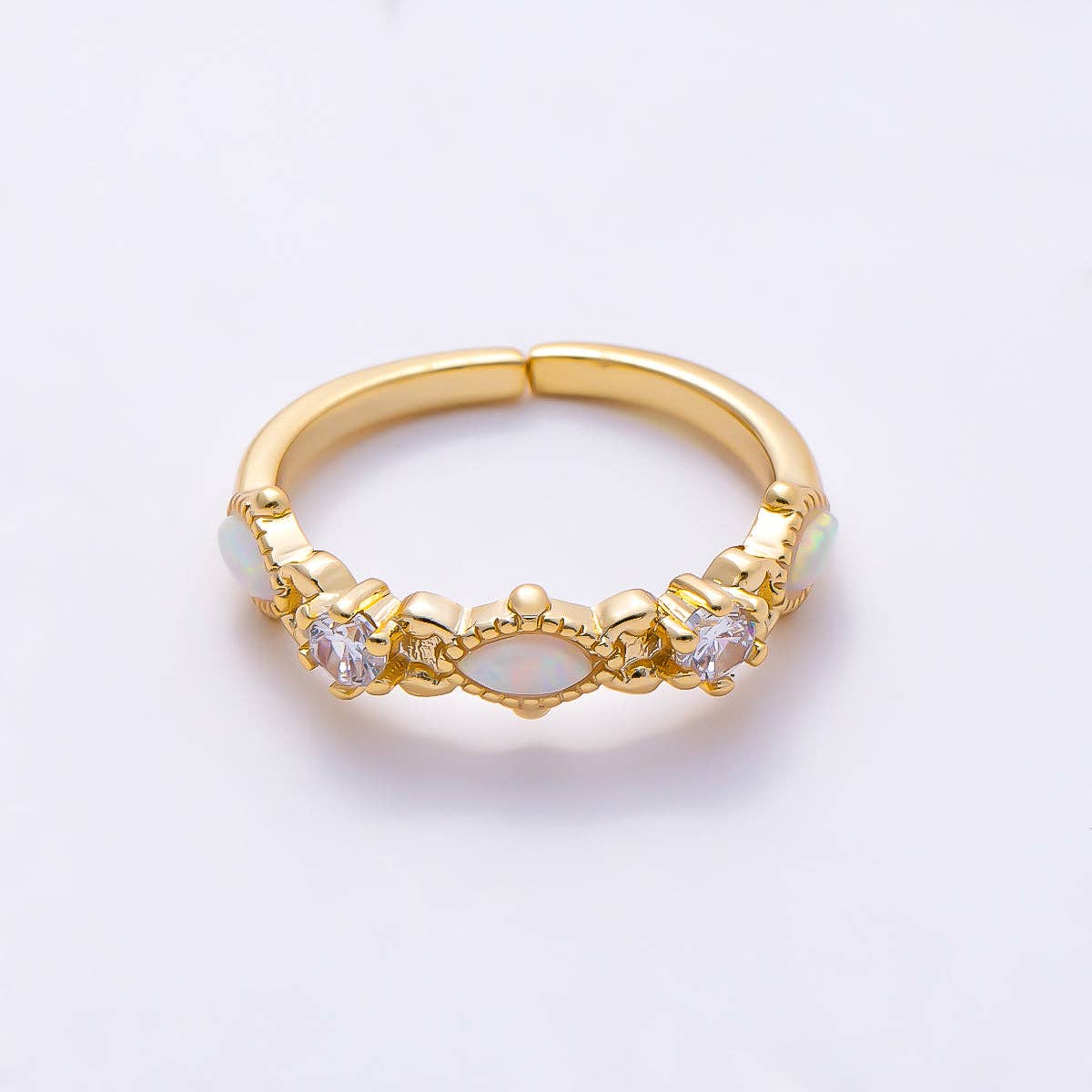 16K Gold Filled Vintage Marquise White Opal & Round Clear CZ Adjustable Pinky Ring | Rings-00381