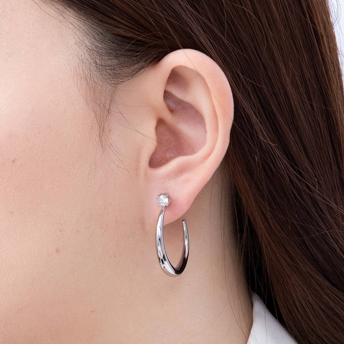 16K Gold Filled 33mm Solitaire CZ Open C- Hoop Earrings in Gold & Silver | Earrings-00811 - Earrings-00812