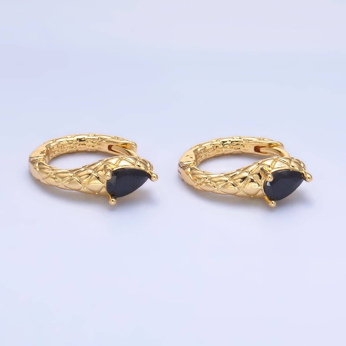 24K Gold Filled Black CZ Teardrop Quilted Scaled Snake Huggie Earrings | AB1461