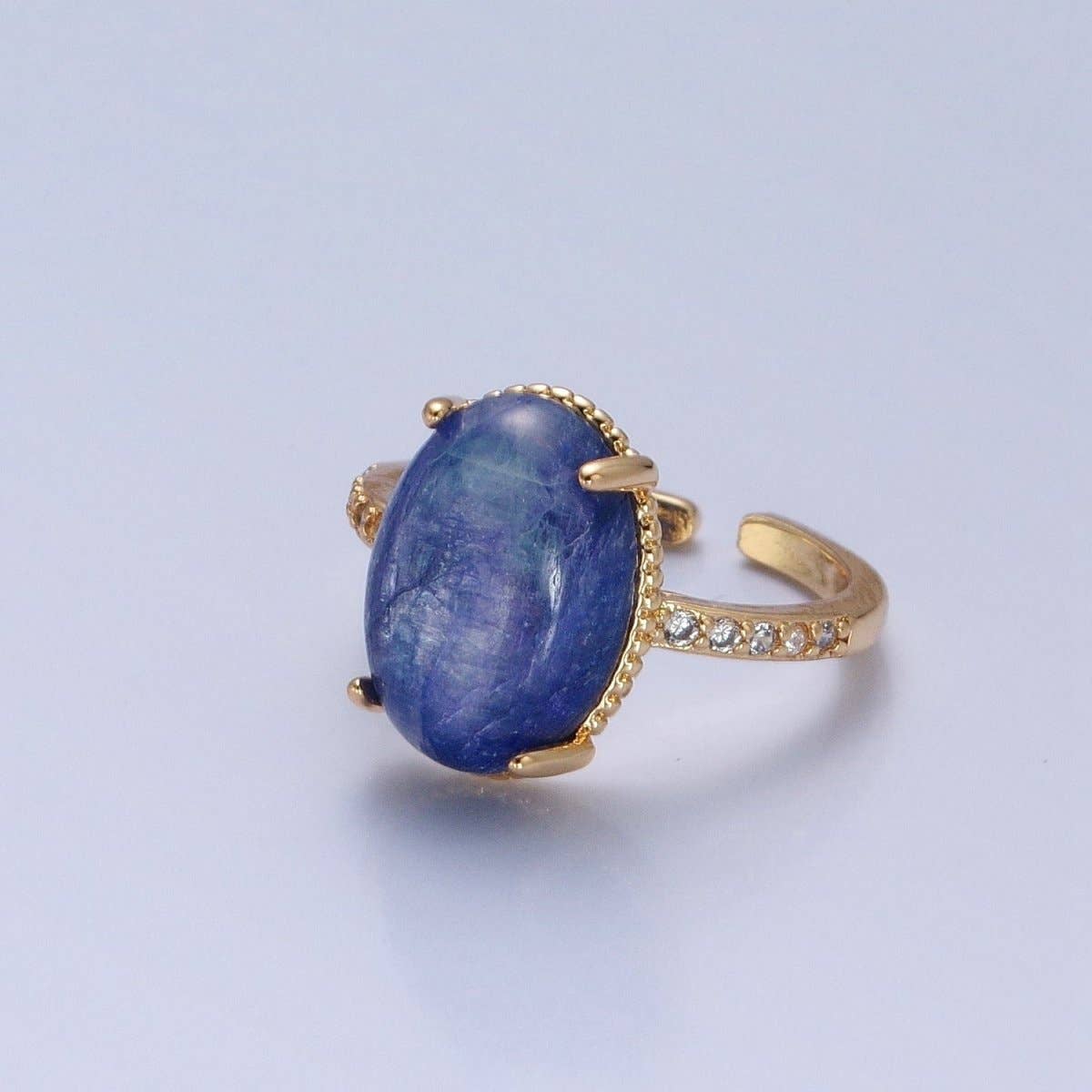 24K Gold Filled Oval Blue Lapiz Stone Ring with Micro Pave CZ Band O-2276