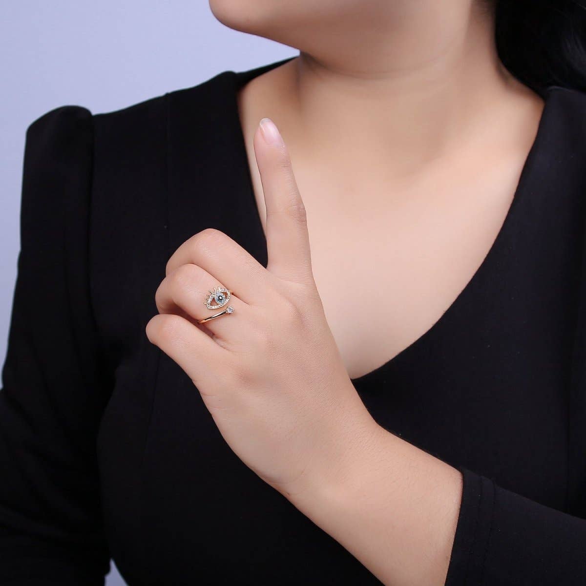 Gold Filled Eye Ring, Evil Eye, CZ Eye Ring Good Luck Open Adjustable Ring