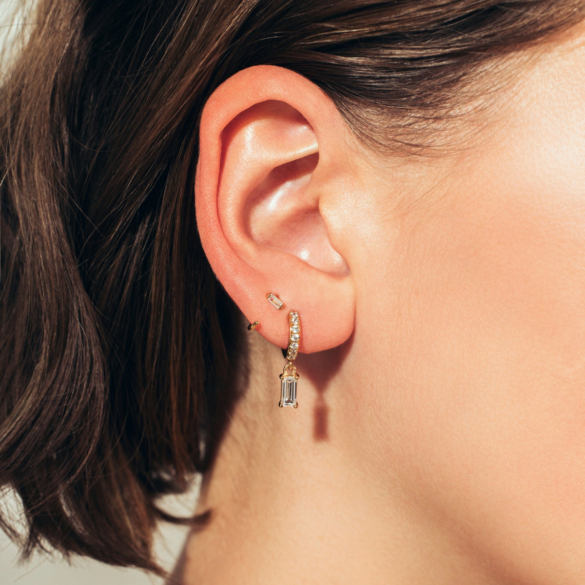 Baguette Solitaire Hoop Earrings - Gold