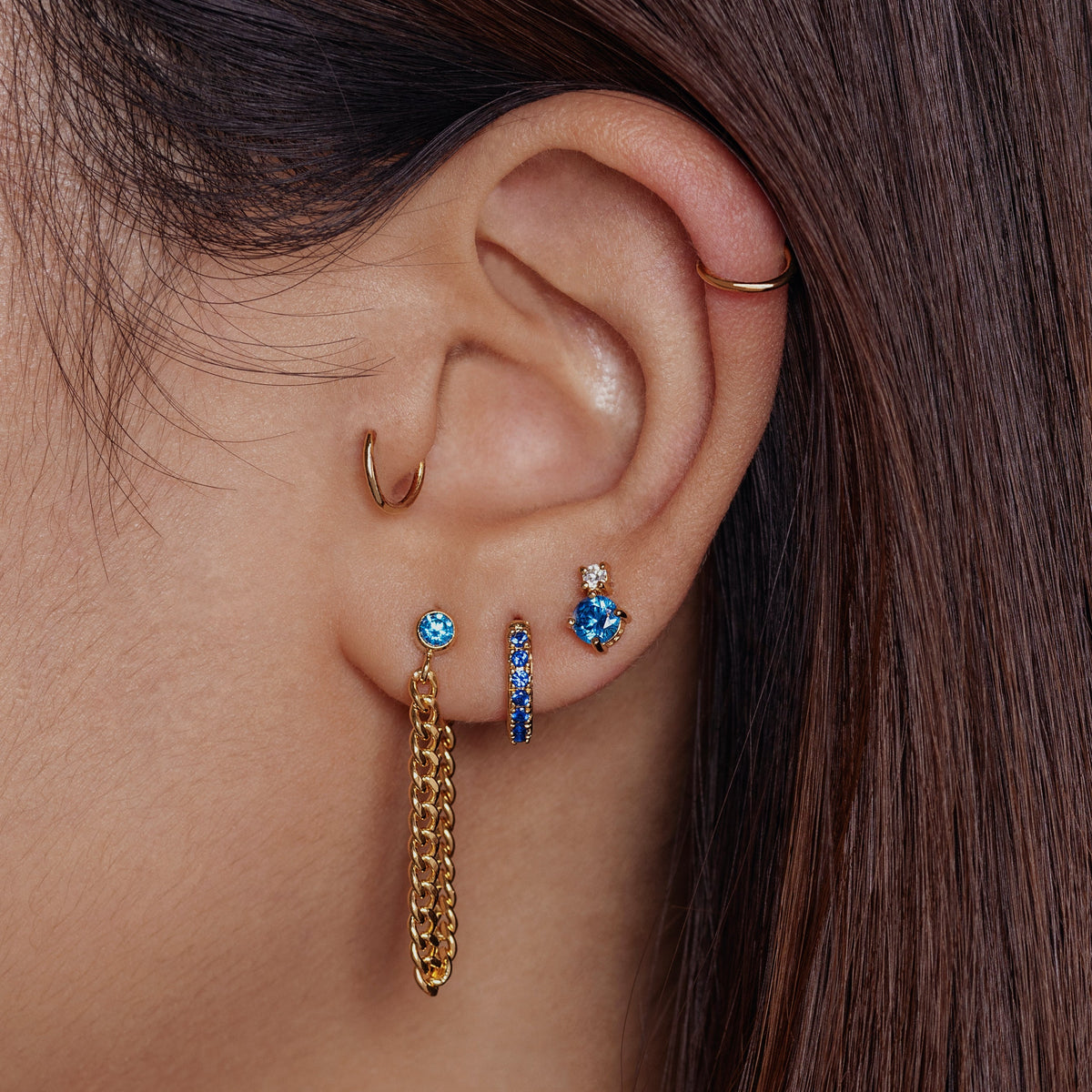 Curb Chain Sapphire Bezel Earrings - Gold