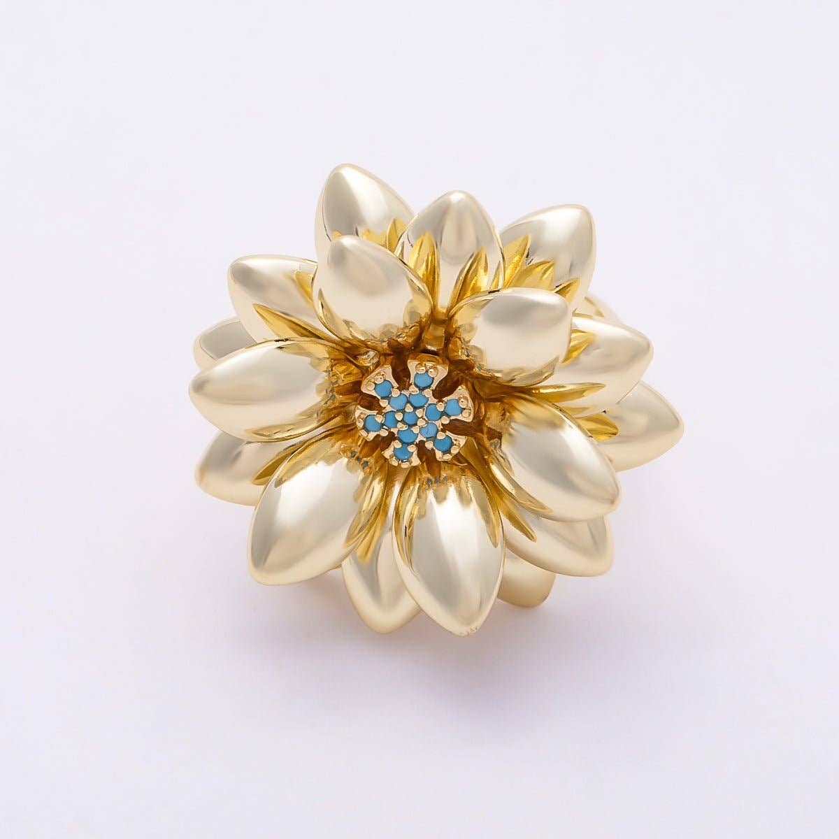 16K Gold Filled Clear, Turquoise Micro Paved CZ Flower Ring | Rings-00330 Rings-00331