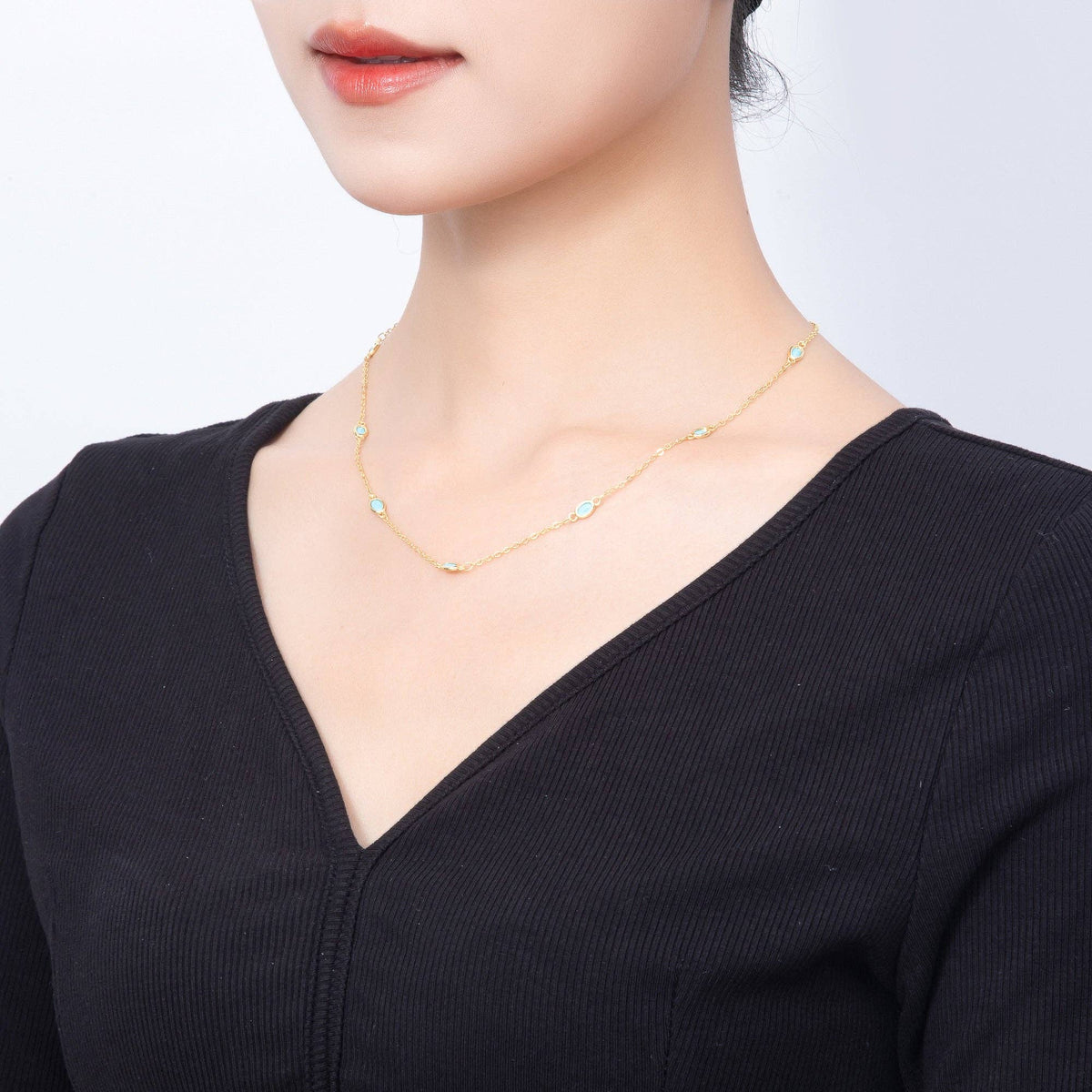 18K Gold Filled 2mm Turquoise Oval Bezel Gemstone Cable Chain 18.5 Inch Necklace | WA-00284