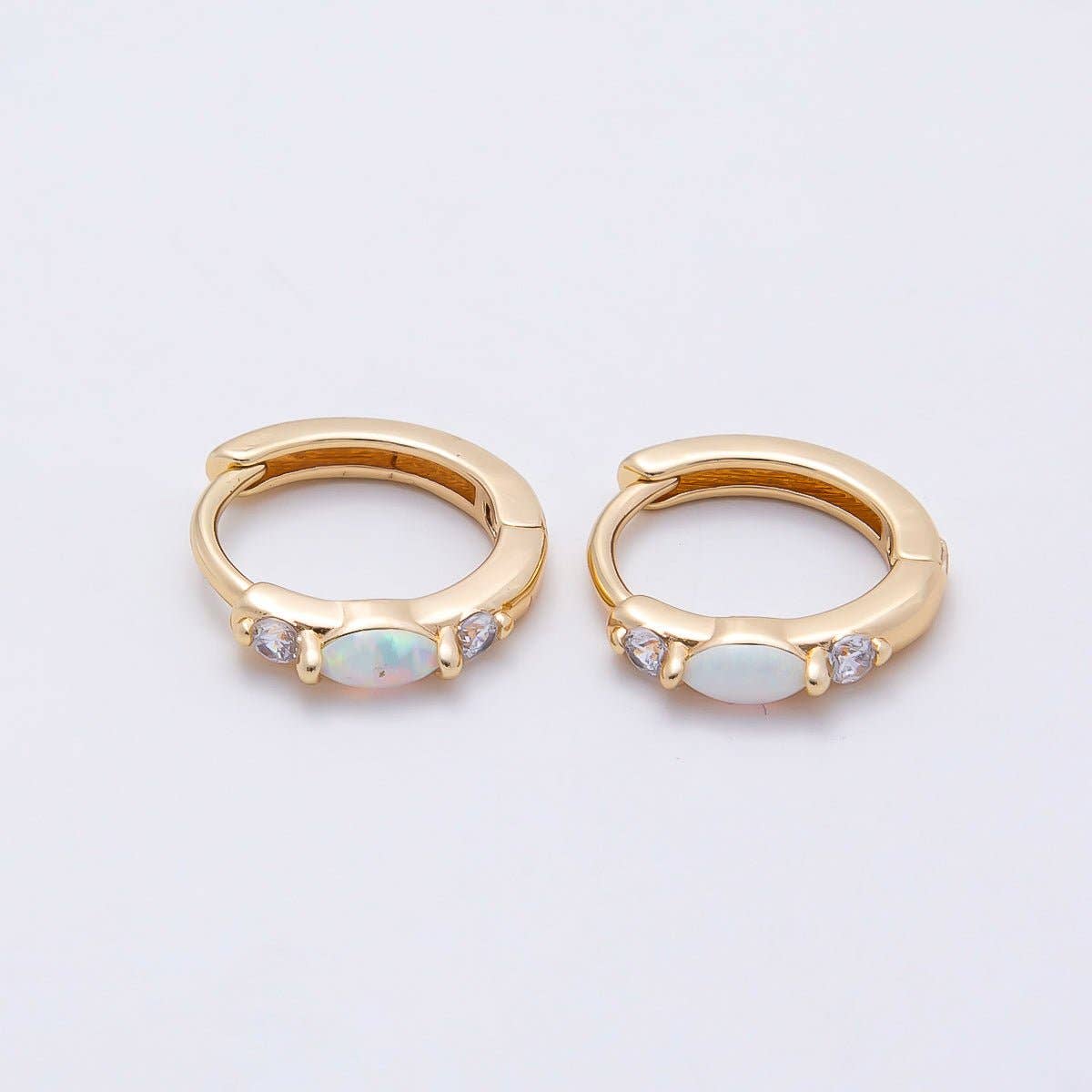 14K Gold Filled 13mm Clear CZ White Opal Cartilage Huggie | Earrings-00457