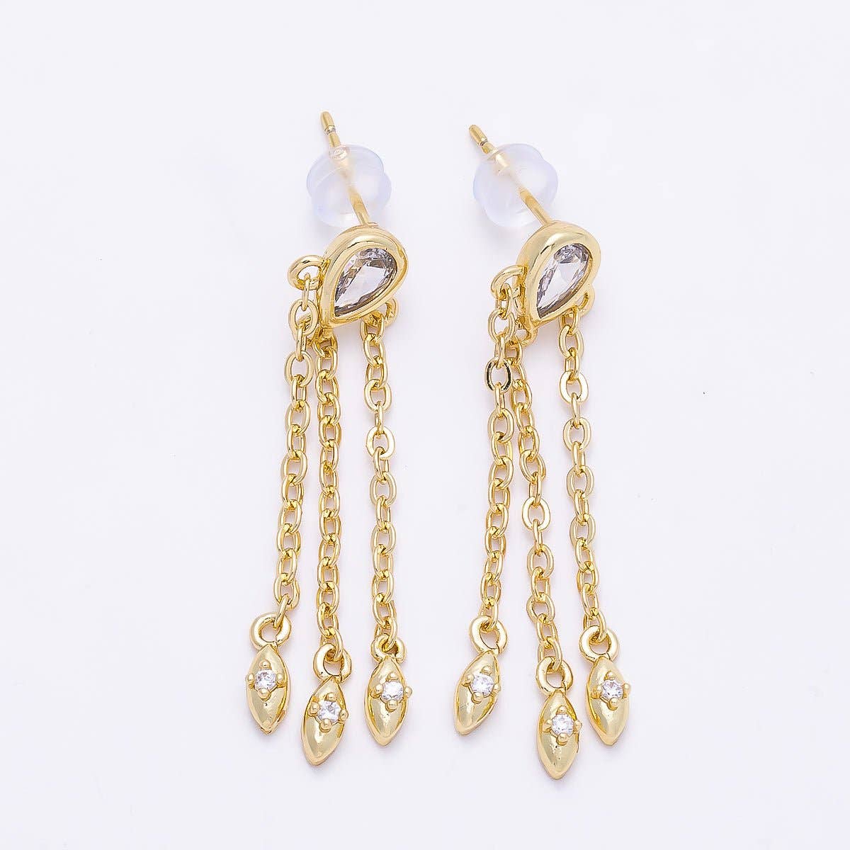 16K Gold Filled 40mm Clear, Green CZ Teardrop Triple Chain Drop Stud | Earrings-00690 - Earrings-00691