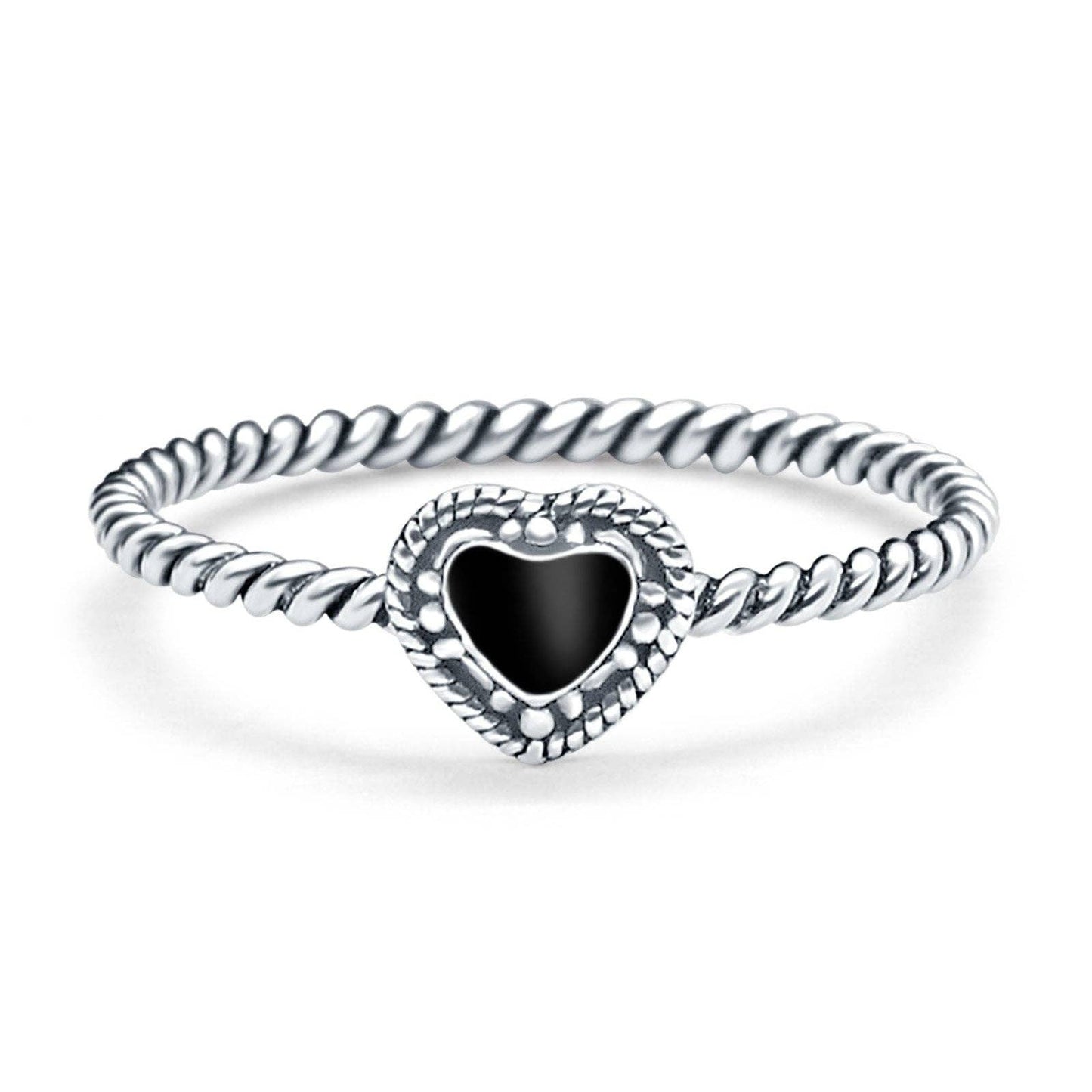 Petite Dainty Heart Promise Ring Band Black Onyx Oxidized Braided