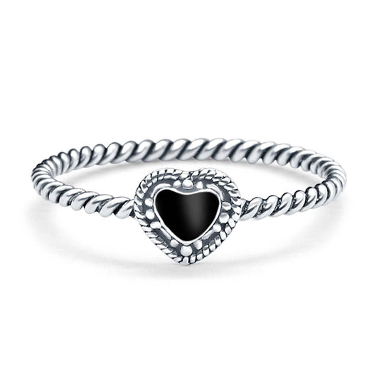 Petite Dainty Heart Promise Ring Band Black Onyx Oxidized Braided