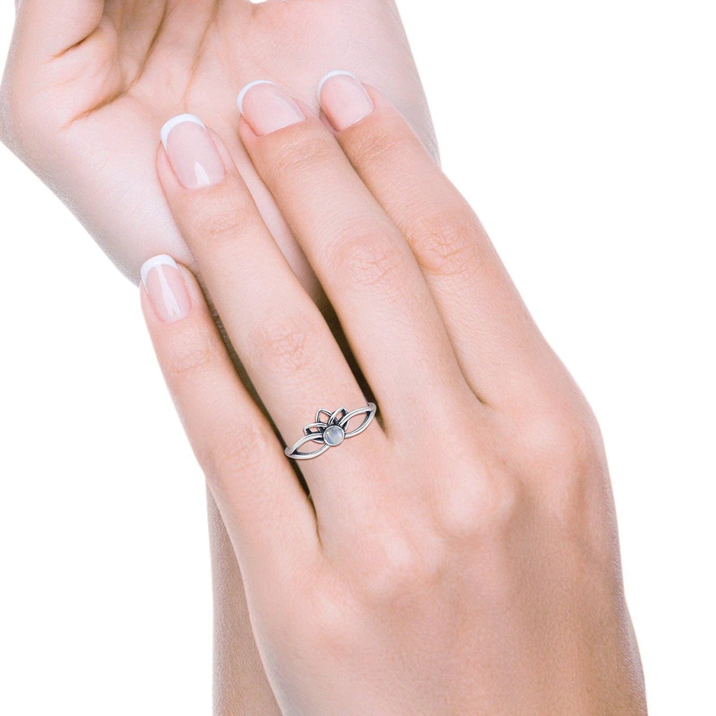 Round Moonstone Lotus Ring Oxidized