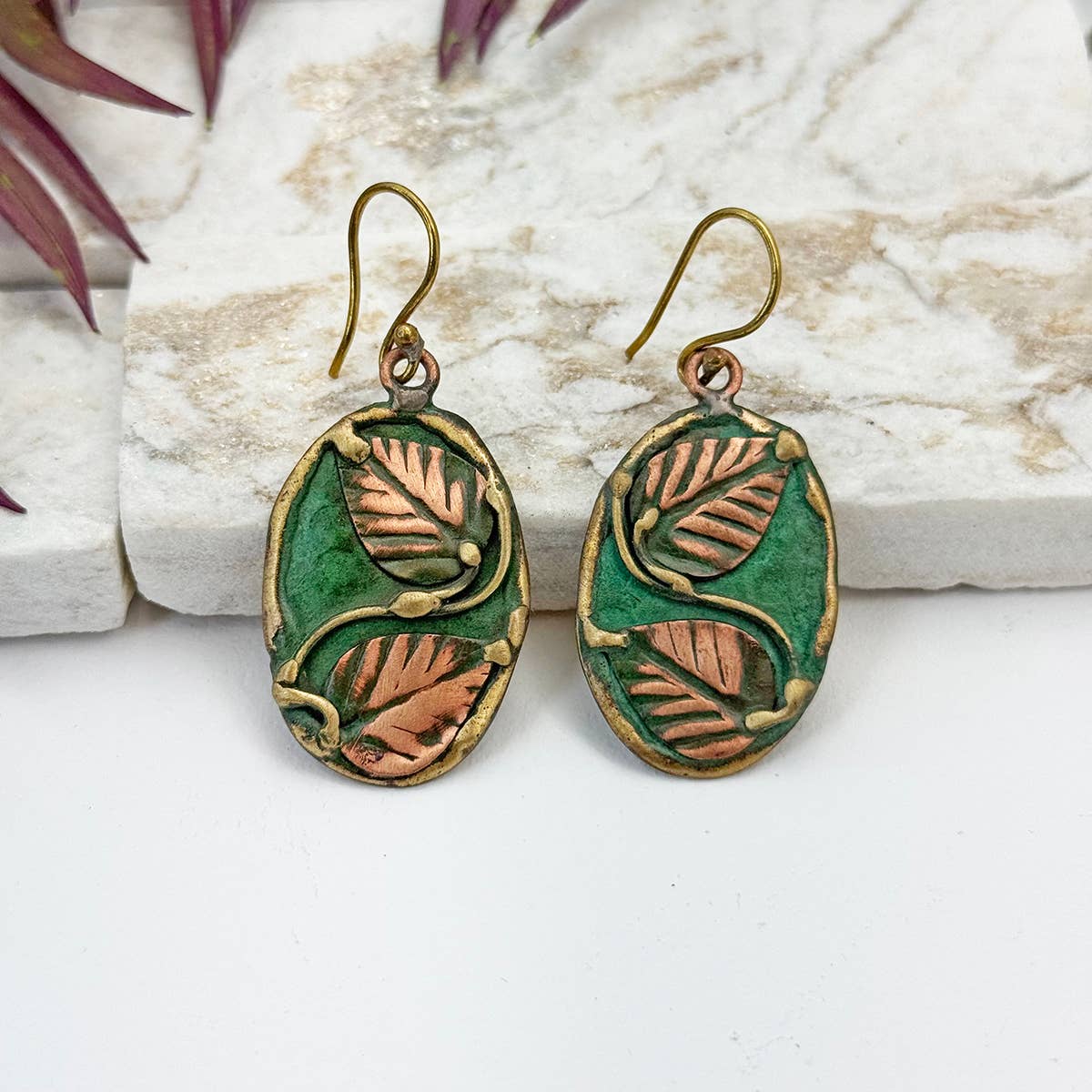 Handcrafted Green & Copper Vine Leaf Brass Patina Earrings